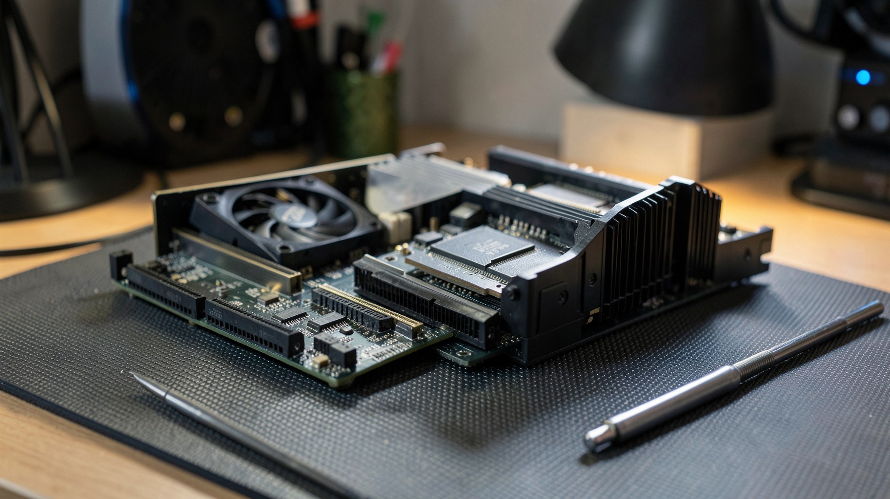 デスクに置かれたゲーミングPCのパーツと基板