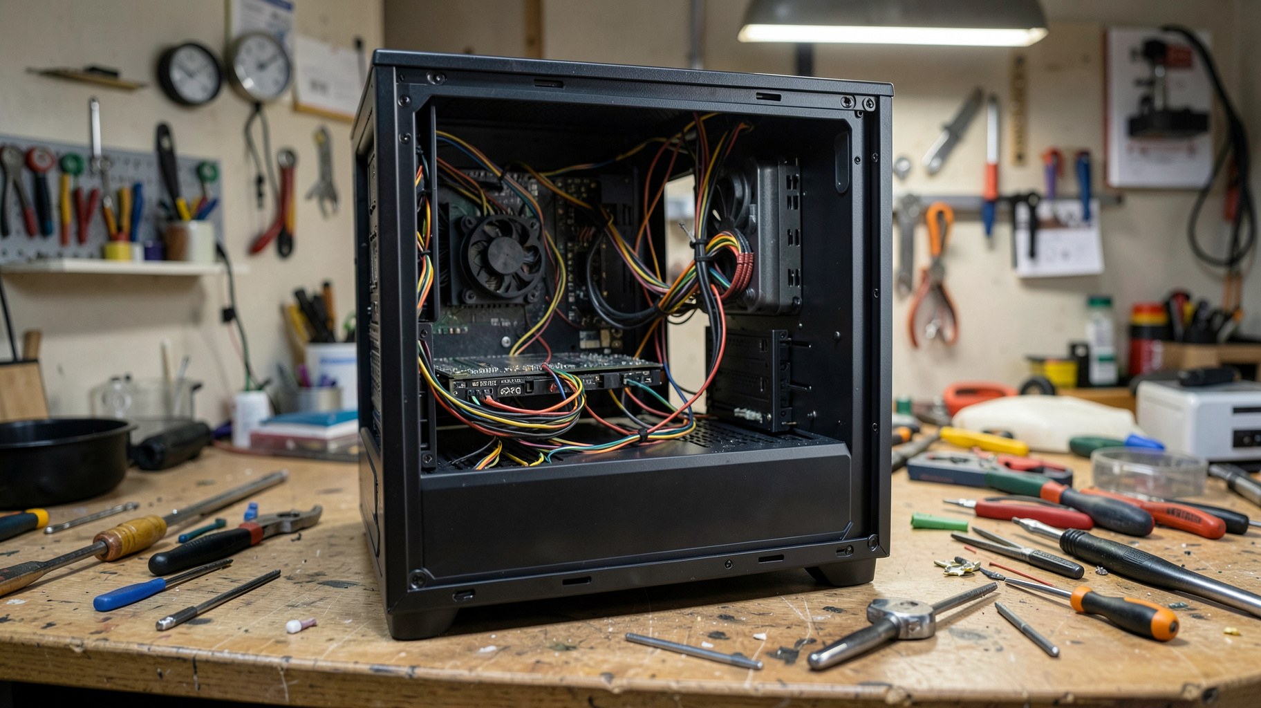 組み立て途中のPCケースと工具