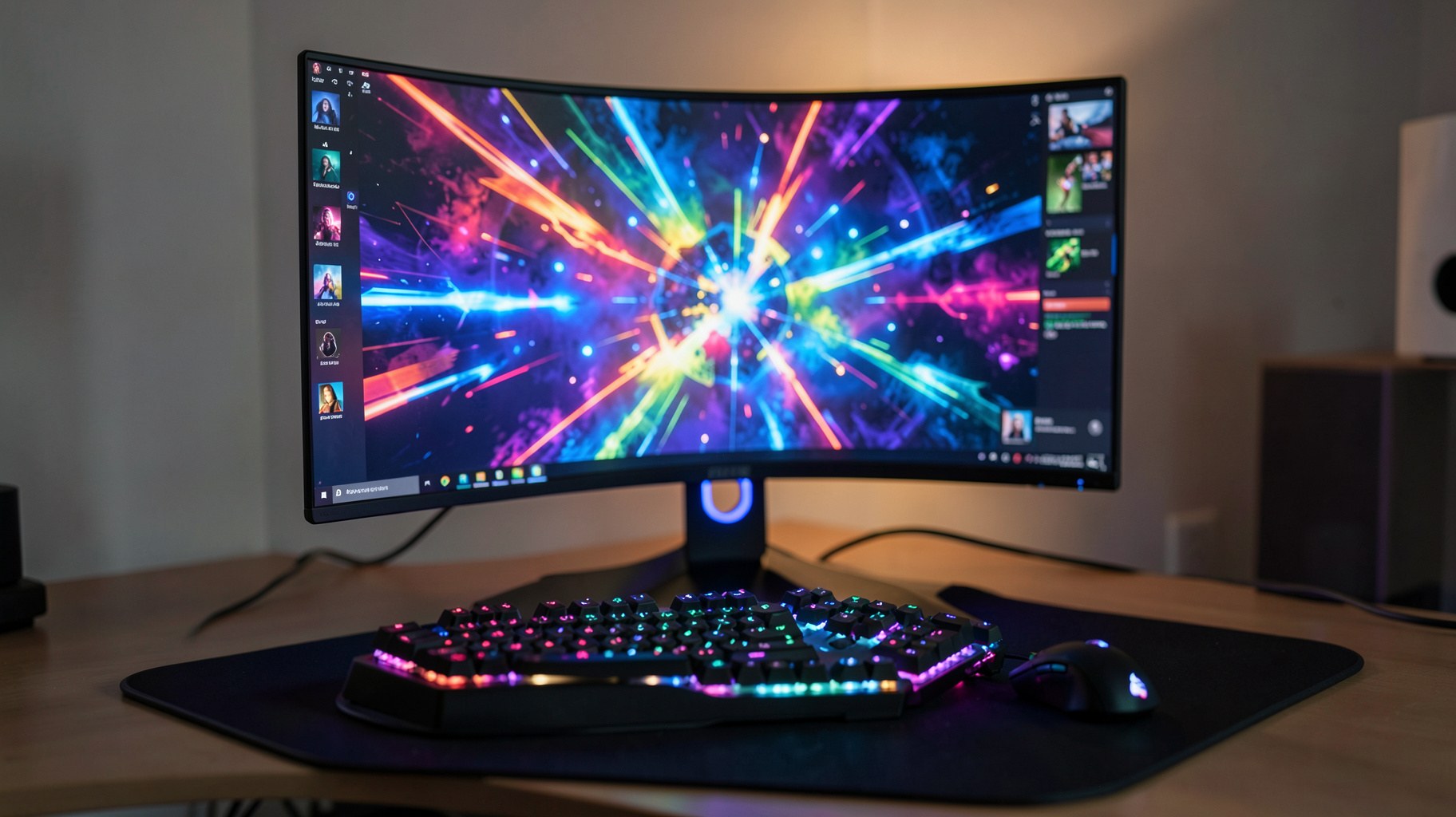 ゲーミングモニターとマウス・キーボードが並ぶデスク